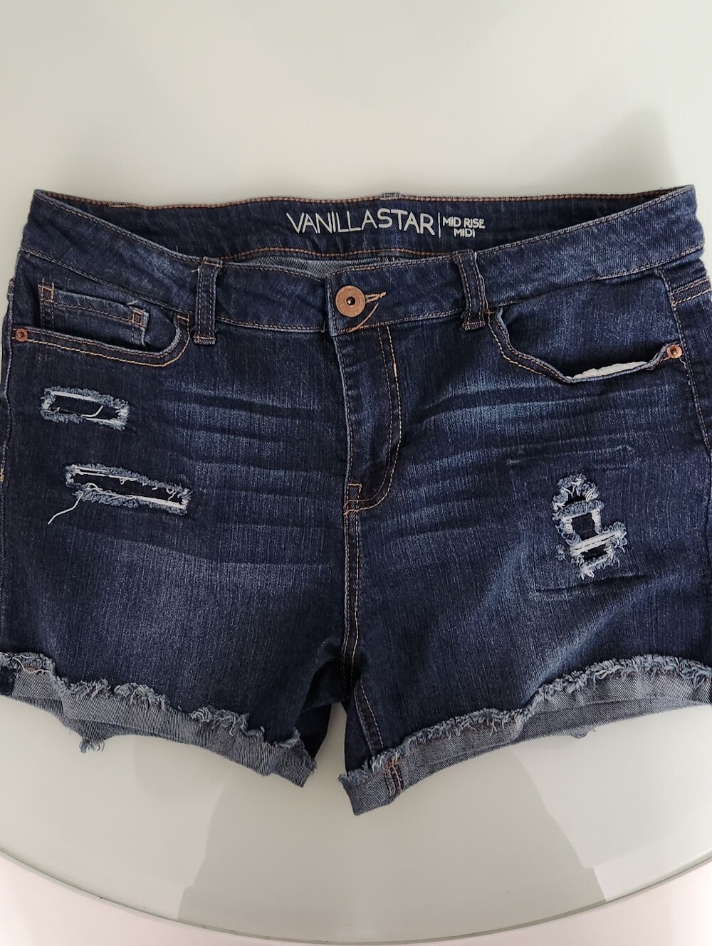 Vanilla Star Dark Wash Distressed Denim Shorts